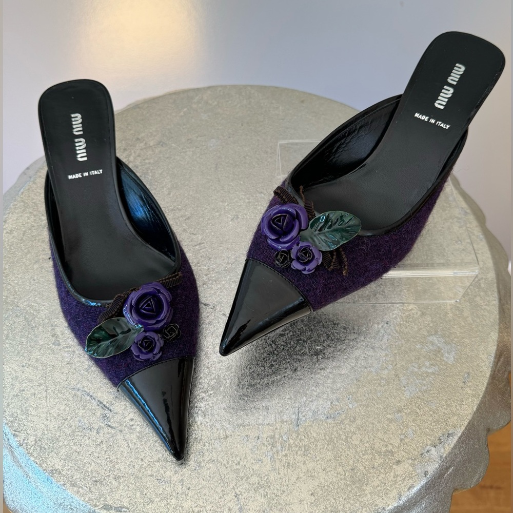 MIU MIU - Purple Rose Tweed Pointed Toe Mules